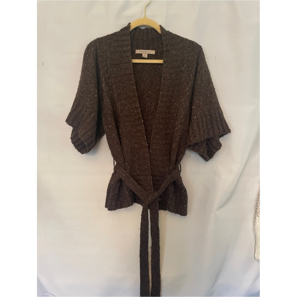 Forever 21 Chocolate Brown Short-Sleeve Belted Knit Sweater tie belt M
